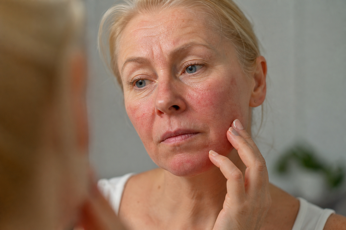 5 Signs Your Skin Barrier Is Damaged (and How to Fix It) show a mature lady with redness or dry skin 