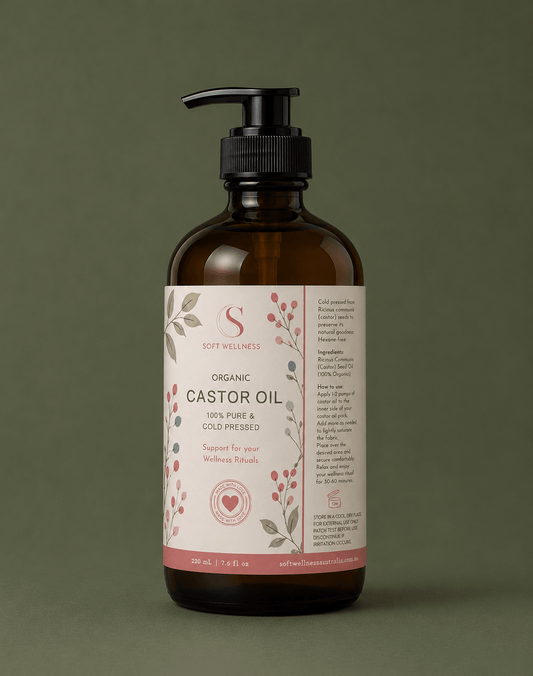 Soft Skin Organic Pure Castor Oil 225ml pump bottle on an olive-green background